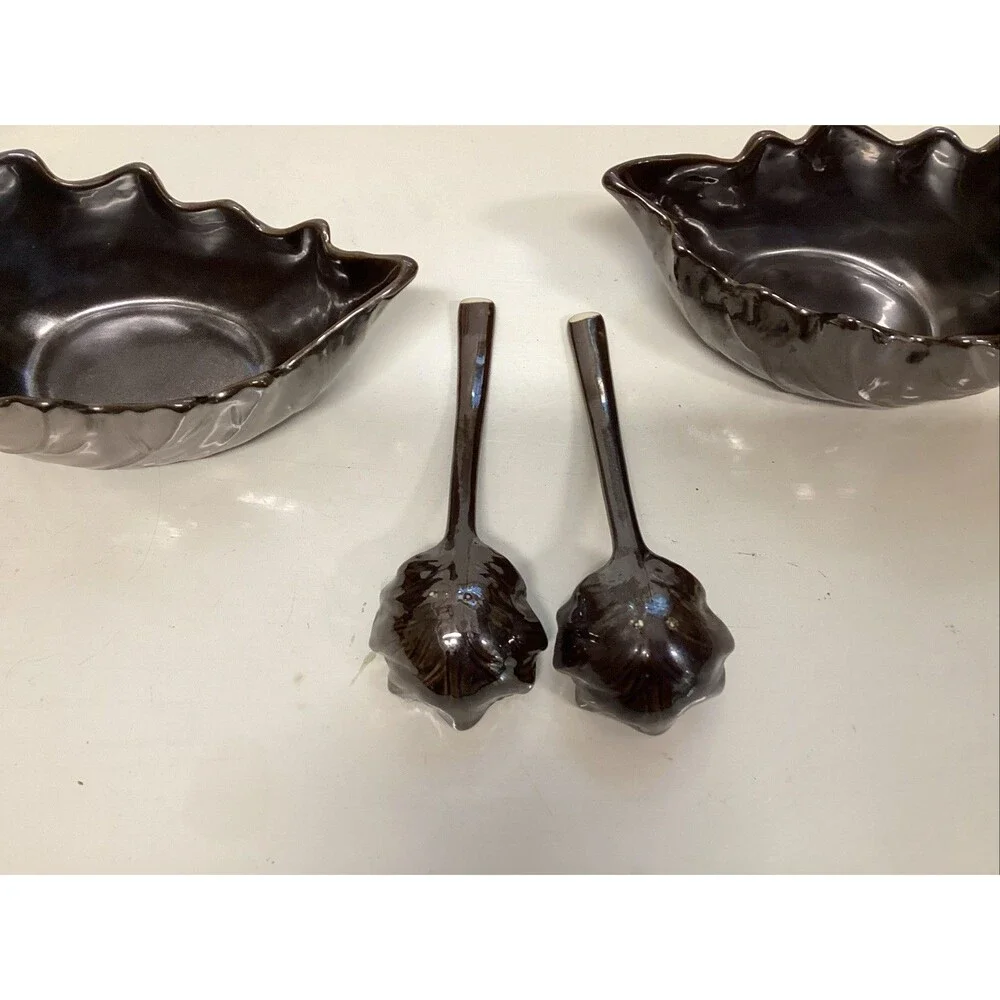 pottery barn metallic leaf bowl w/ladle dish large ceramic set of 2